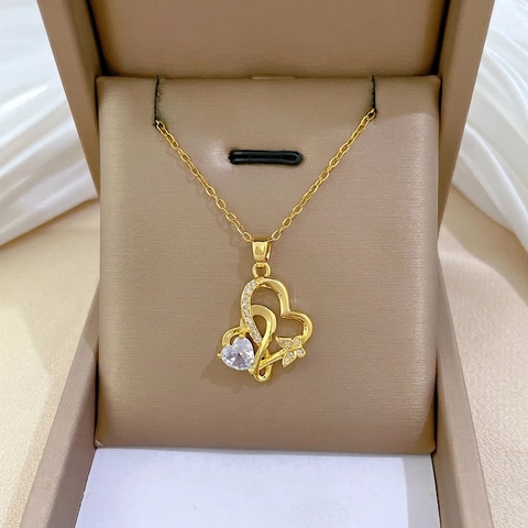 Collana Con Pendente A Doppio Cuore Intrecciato Tono Oro Acciaio Inossidabile Rame Zirconia Farfalla Catena Clavicola Donna