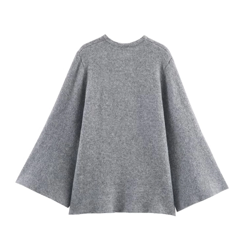 Damen Elegant Grau Strickjacke Cape Mantel Rundhals Einzelknopf Seitenbindung Weich Polyester Strickpullover Oberbekleidung