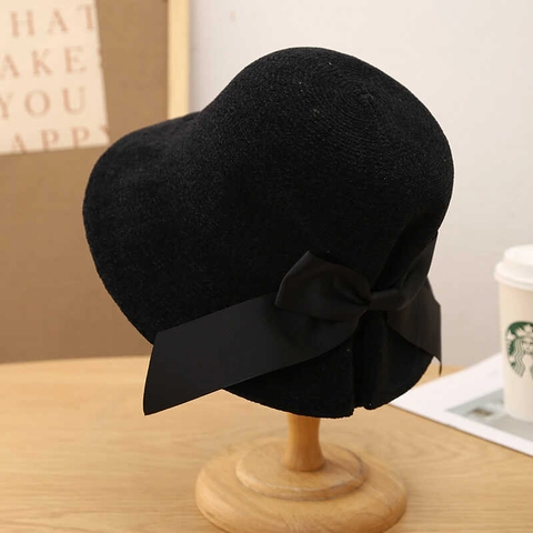 Women Elegant Knitted Bucket Hat With Large Satin Bow Foldable Sun Protection Cloche Hat For Summer Beach Travel
