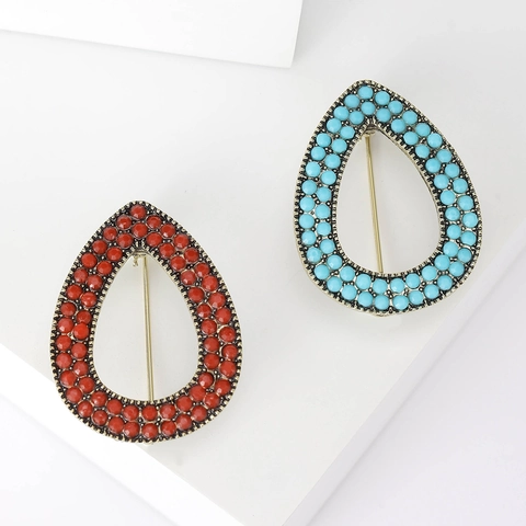 Waterdrop Brooch Pin Vintage Alloy Inlaid Turquoise Red Beads Bohemian Turkish Style Geometric Jewelry Accessories For Women