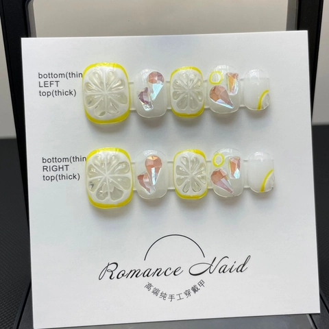 Handmade Press On Nails Summer Lemon French Style 3D Relief Rhinestones Artificial Fingernails For Women