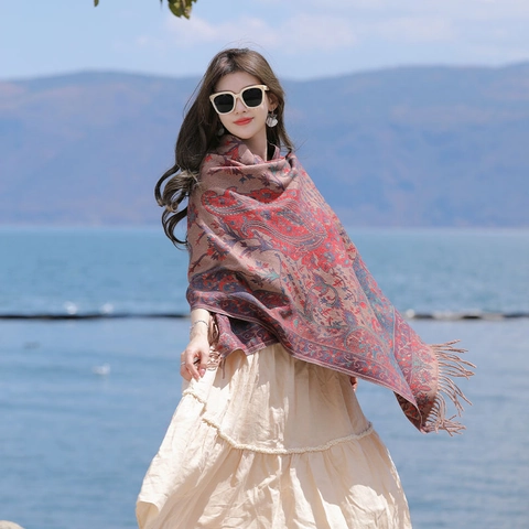 Damen Vintage Ethnisch Paisley-Muster Schal Wrap Weich Baumwollmischung Verdickt Warm Quaste Schal Für Reise Alltag