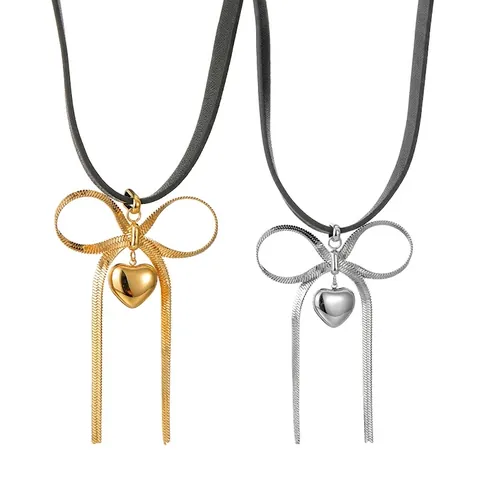 Collar Colgante Lazo Corazón Acero Inoxidable Chapado En Oro 18K Cordón Cera Negro Choker Joyería Elegante Para Mujer