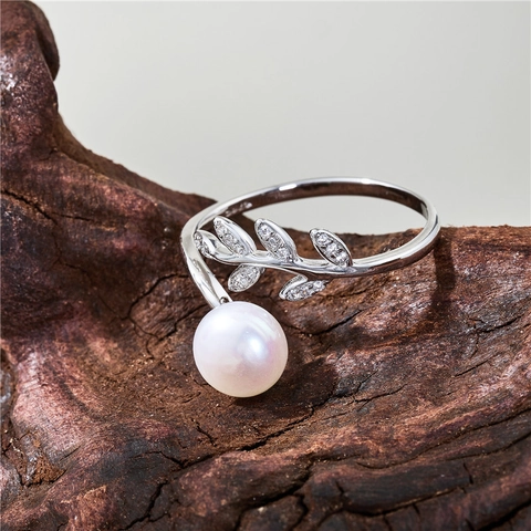 Anello In Argento Sterling 925 Design Foglia Di Salice Con Perla de Agua Dulce Naturale D'acqua Dolce E Zirconia Regolabile Gioielli Donne