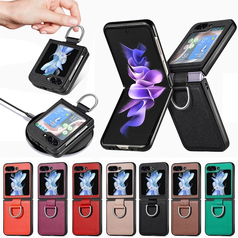 PU Leather Litchi Pattern Phone Case For Samsung Galaxy Z Flip 7 6 5 4 3 With Metal Ring Holder Shockproof Protective Cover