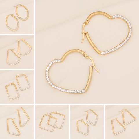 Pendientes De Aro Geométricos Con Diamantes De Imitación Corazón Cuadrado Para Mujer Acero Inoxidable Joyería Moda