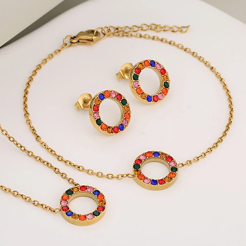 Fashion Stainless Steel Rhinestone Hollow Circle Necklace And Bracelet And Earrings Women Simple Luxury Jewelry