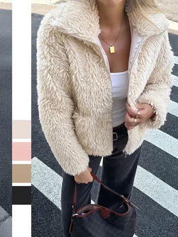 Chaqueta De Piel Sintética Para Mujer Forro Polar Teddy Manga Larga Cremallera Color Sólido Elegante Abrigo Corto
