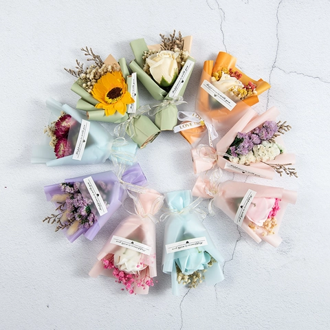 Mini Trockenblumenstrauß Handgemachte Seifenrose Sonnenblume Babyatem Geschenk Papierverpackung Band Hochzeit Party Dekoration