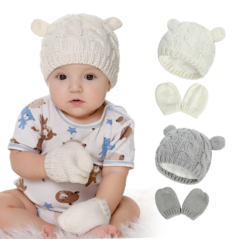 Infant Lined Knit Hat And Gloves Winter Warm Cable Knit Bear Ears Cap For Baby Boys Girls Toddler Outdoor Beanie Accessories