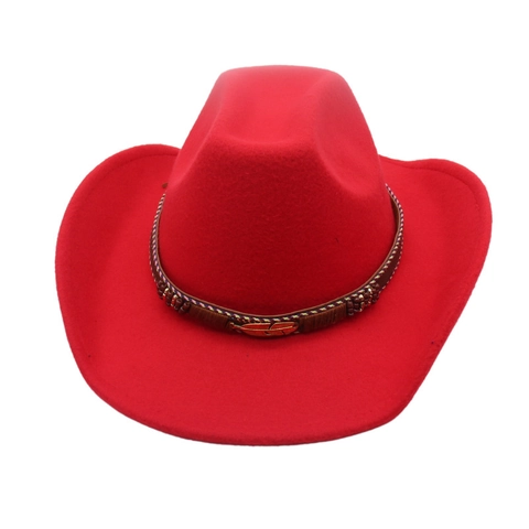 Western Cowboy Hat Polyester Felt Braided Band Gold Feather Buckle Curved Brim Retro Ethnic Style For Men Women