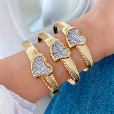 Chique Koperen 18K Vergulde Hartvormige Open Armband Pave Zirconia Verstelbare Hart Ring Set Luxe Dames Sieraden