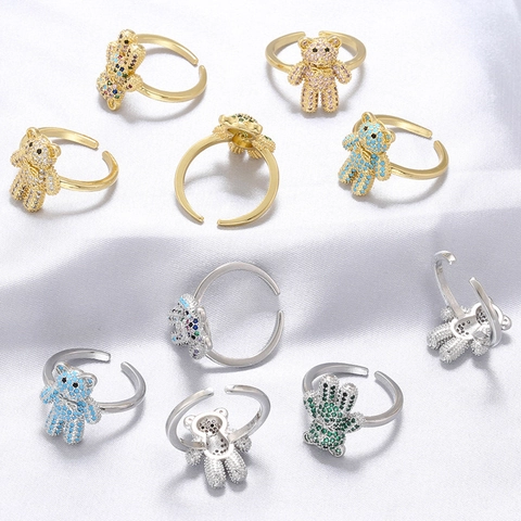 Süßer Teddybär Offener Ring Kupfer Mikroverpflastert Bunter Zirkon Strass Verstellbarer Schmuck Für Frauen Süß