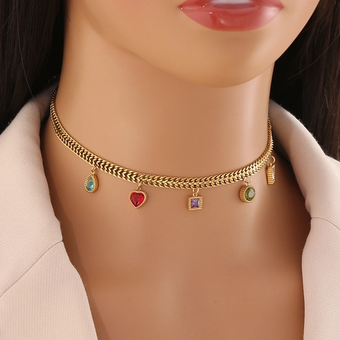 Collar De Acero Inoxidable Para Mujer Chapado En Oro Vidrio Colorido Corazón Fruta Flor Océano Concha Colgante Choker Joyería