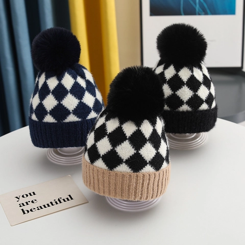 Bonnet En Tricot Pour Bébé Acrylique Chaud Hiver Pompon Motif Argyle Damier Revers Coiffure Pour Nourrisson