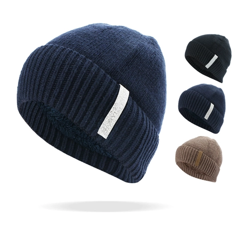 Men Winter Knitted Beanie Hat Fleece Lined Thickened Ribbed Cuff Warm Windproof Outdoor Acrylic