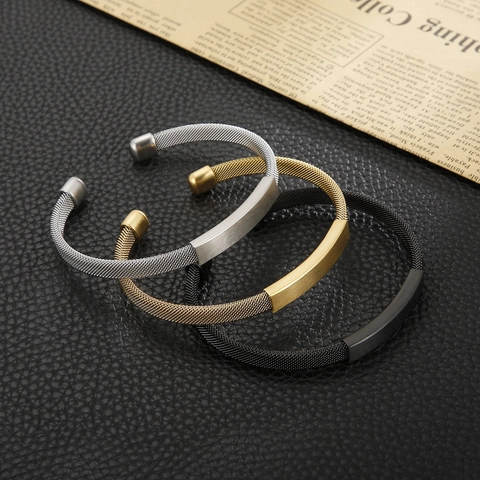 Bracciale A Polsino In Maglia Di Acciaio Inossidabile Da Uomo A C Aperto Con Piastra Rettangolare Liscia Gioielli Punk