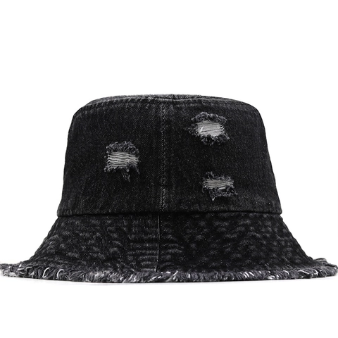 Cappello Alla Pescatora In Denim Distressed Con Bordi Sfilacciati E Strappi Cotone Lavato Stile Streetwear Giapponese