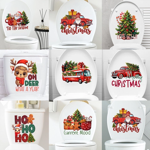 Christmas Toilet Lid Stickers Waterproof PVC Self-Adhesive Wall Decals Cartoon Santa Reindeer Holiday Bathroom Home Decor