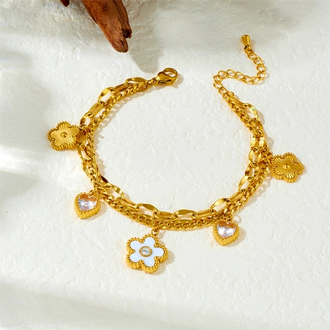 Bracciale A Strati In Acciaio Inossidabile Con Ciondoli A Fiore In Smalto E Cuore In Zircone Gioielli Donna