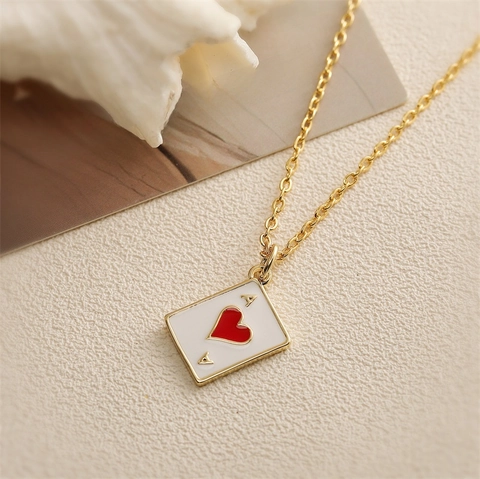 Kupfer Emaille Herz Anhänger Halskette Goldton Schlüsselbein Kette Poker Ace Design Eleganter Mode Schmuck Für Damen