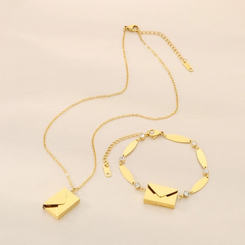 Fashion Stainless Steel Jewelry Opening Envelope Pendant Necklace And Rhinestone Bracelet For Women Romantic Gift
