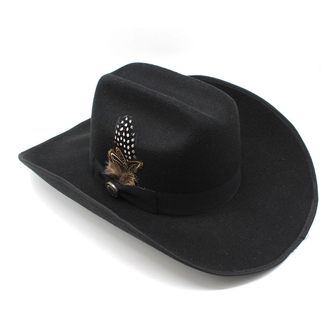 Cappello Da Cowboy Western In Feltro Di Lana A Tesa Larga Con Piuma E Bottone In Metallo Retro