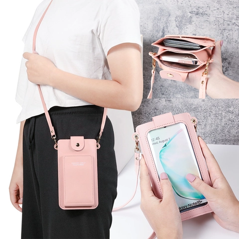 Women Mobile Phone Crossbody Bag PU Leather Clear Touch Screen Window Shoulder Wallet Card Holder Minimalist Solid Color