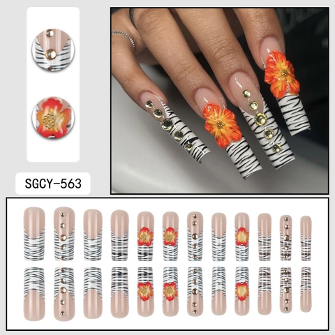 Künstliche Nägel Zum Aufkleben Lange Sargform Zebradruck 3D Blumen Strass Handgefertigter Stil Glänzend