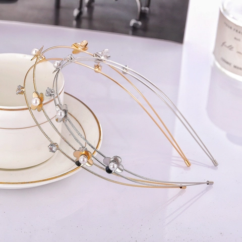 Diadema De Aleación De Doble Capa Con Perlas Artificiales Artificiales Y Flores De Metal Accesorio Para El Cabello De Mujer