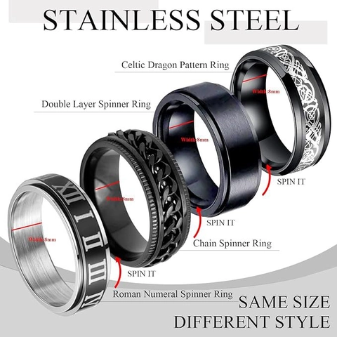 Men Titanium Steel Spinner Rings Set 4Pcs Roman Numerals Chain Celtic Knot Pattern Vintage Punk Rotating Band Rings Fashion Jewelry