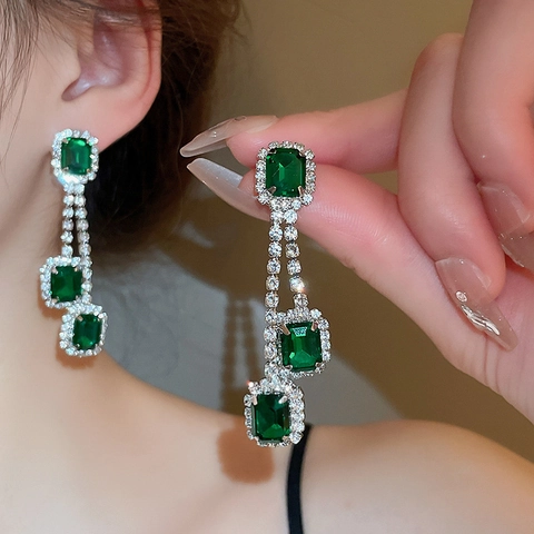 Vintage Emerald Green Square Tassel Dangle Earrings Alloy Rhinestone With 925 Sterling Silver Earring Post Jewelry For Women