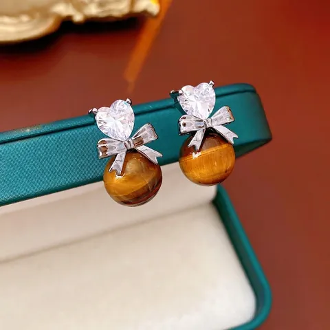 Maillard Stil Tigerauge Herz Schleife Ohrhänger Mit Silber Ohrstecker Zirkon Damen Schmuck Elegant