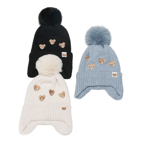 Kids Winter Acrylic Knit Beanie Hat With Ear Protection Bear Embroidery Pom Pom Warm Windproof Cartoon For Toddlers