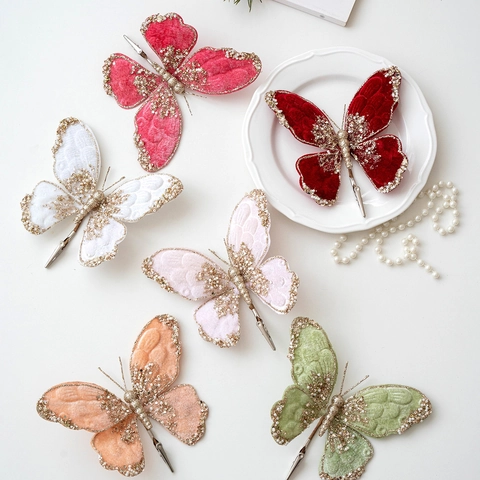 Decorazioni Natalizie a Farfalla in Velluto Con Paillettes Glitterate Perle Fatto a Mano Decorazione Festiva Con Clip in Metallo per Albero di Natale