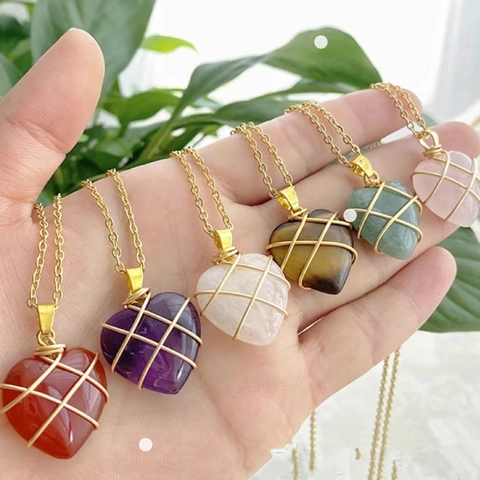 Heart Pendant Natural Crystal Handmade Wire Wrapped Copper DIY Jewelry Accessory For Women Gift