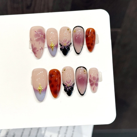 Handmade Press On Nails Gradient Pink Purple 3D Relief Flower Star Amber Texture Almond Artificial False Nails For Women