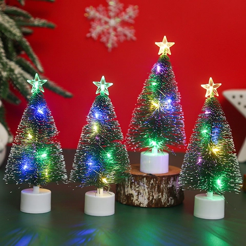 Mini Albero Di Natale LED Colorato Luminoso Innevato PVC Sisal Stella Decorazione Da Tavolo Regalo Festivo Ornamento Da Vetrina