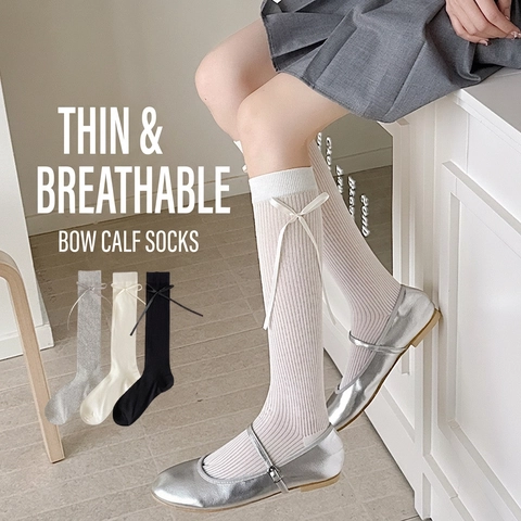 Calf Socks Women Cotton Ribbed Knit Ribbon Bow Breathable Balletcore JK Style Slouch Socks Solid Color Ins Fashion