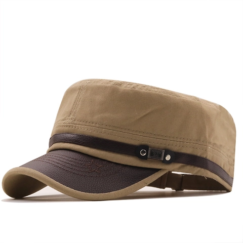 Casquette Cadet À Toit Plat Chapeau Militaire Vintage Toile Coton Bord Similicuir Étoile Broderie Ajustable Unisexe