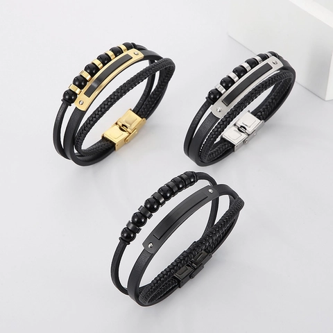 Bracciale Multistrato In Pelle Intrecciata Da Uomo Con Perle In Acciaio Inossidabile E Chiusura Magnetica Geometrica Gioielli