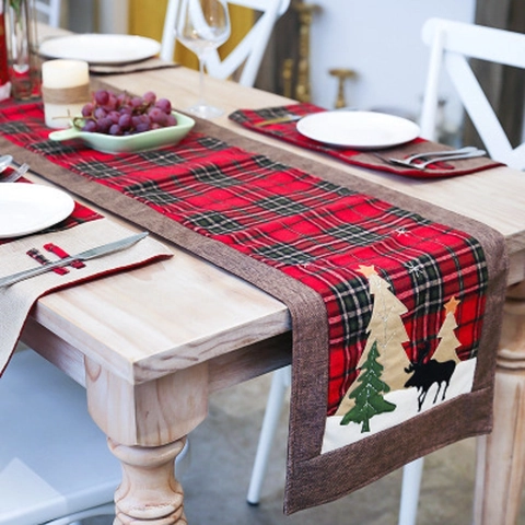 Christmas Table Runner Cotton Linen Plaid Checkered Embroidery Reindeer Tree Holiday Party Dining Decor