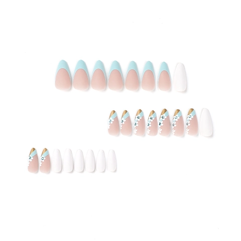 Press On Nails Long Almond Blue Flower Pattern Rhinestone French Style Artificial Fake Nail Tips For Women