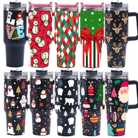 Christmas Insulated Tumbler With Handle Lid And Straw Stainless Steel Reusable Travel Coffee Mug Festive Pattern