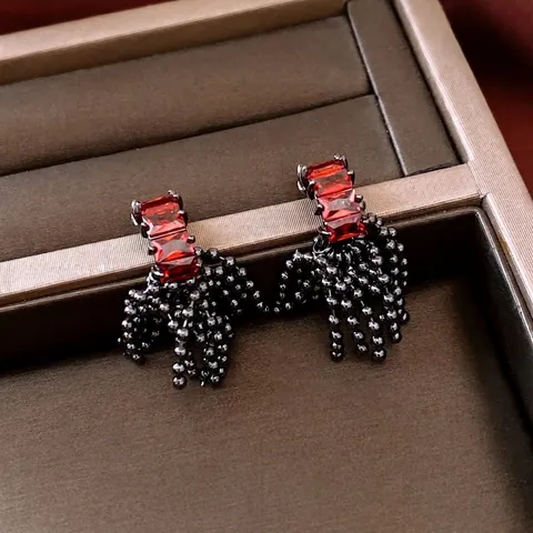 Quasten Fransen Ohrringe Mit Silver Earring Post Kupfer Rot Zirkon Dunkel Gothic Stil Vintage Für Damen Mode Schmuck