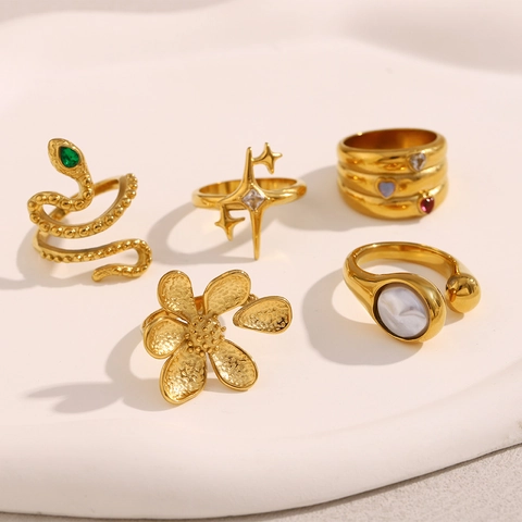 Adjustable Rings 18K Gold Plated Stainless Steel Faux Artificial Pearl Zircon Snake Flower Star Heart Layered Designs For Women