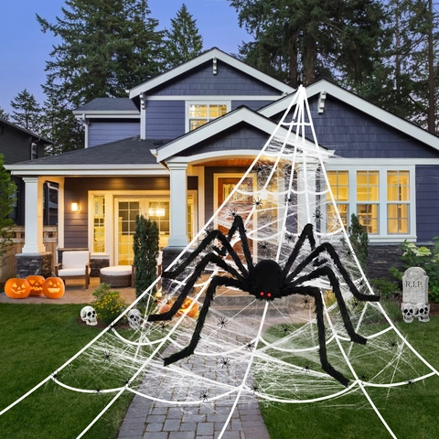 Giant Halloween Spider Decoration Large Web Outdoor Scary Props For Yard Porch Realistic Plush Spiders And Web Kit