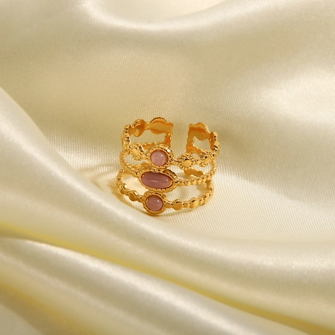 Anillo Ajustable Abierto de 3 Capas de Acero Inoxidable Chapado en Oro Con Piedra Natural Rosa Anillo Geometrico Mujer
