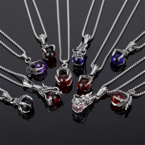 Drachen Anhänger Halskette Edelstahl Hip Hop Gothic Drachenkralle Mit Rundem Edelstein Schmuck Für Herren Damen