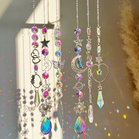 Crystal Suncatcher Pendant Rainbow Maker Prism Ball Silver Metal Celestial Sun Moon Star Hanging Garden Window Decor